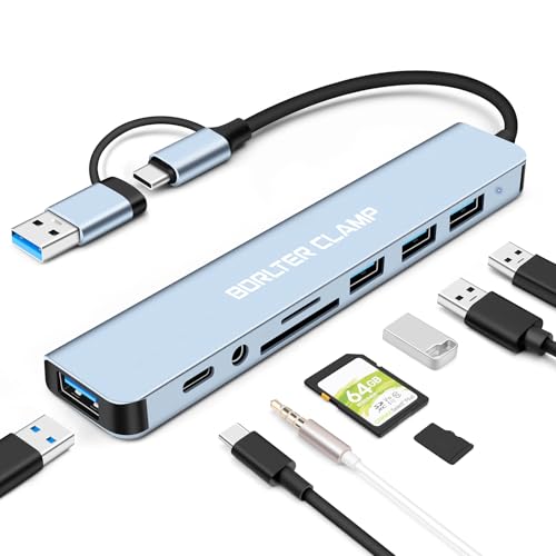 Hub USB 3.0, Adaptador Tipo C 8 en 1 con 4 Puertos Tipo A, Lector de Tarjetas SD MicroSD y Adaptador de Audio con Jack de 3.5mm, Extensor USB para Ratón, Teclado, Unidad Flash e Impresora, etc.