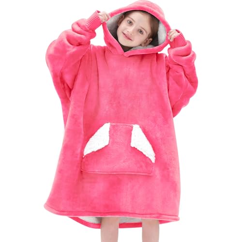 Touchat Wearable Blanket Hoodie, Oversized Sherpa Blanket Sweatshirt with Hood Pocket and Sleeves, Super Soft Warm Plush Hooded Blanket for Kids and Girls, One Size Fits All (Pink)