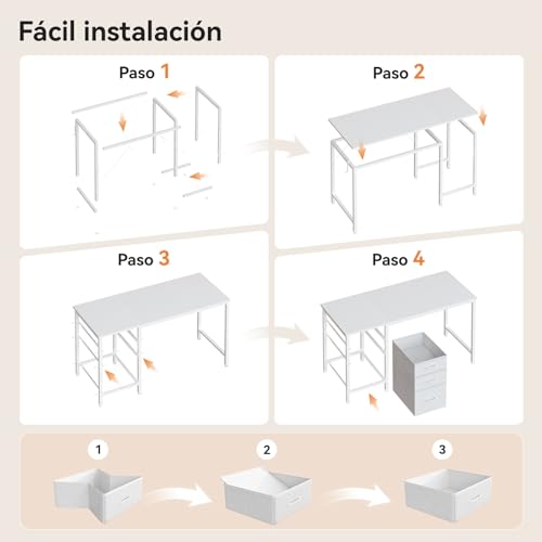 Miniatura 8 de Coleshome Escritorio Con 3 Cajones De Tela, Escritorio Espacioso Con Soporte Para Auriculares Y Bolsa De Almacenaje, Escritorio De Ordenador Reversible Para Oficina En Casa Blanco, 120x48cm
