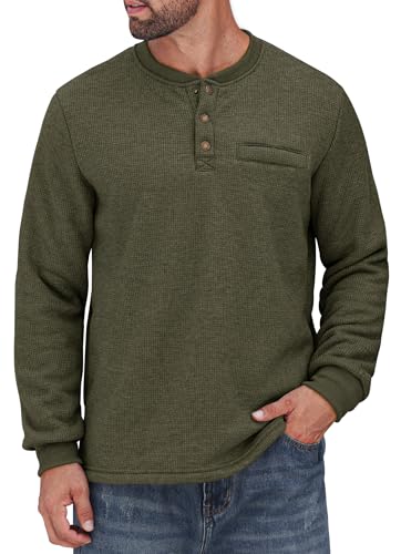 Sherpa Lined Waffle Henley for Men Long Sleeve Thermal Casual Winter Pullover (S-XXL)
