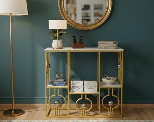 Image of Console Table with Storage, Modern Engineered Wood, Gold Metal Frame with Decorative Spheres, 30x30x7.5 Inch (White Gold)