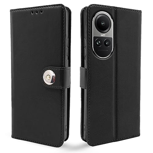 Image of Pikkme Oppo Reno 10 5G Flip Cover Leather Finish | Inside TPU with Card Pockets | Wallet Stand and Shock Proof | Complete Protection Button Flip Case (Black)