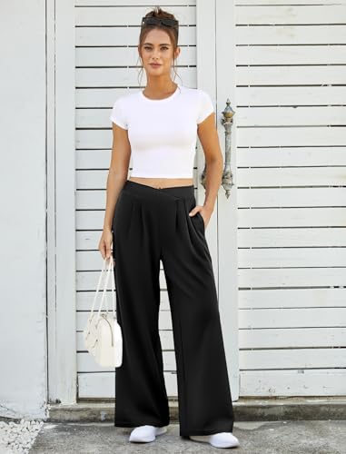 FireSwan Womens Wide Leg Work Pants Crossover Pleated Front Casual Slacks Flowy Palazzo Trousers with Pockets4