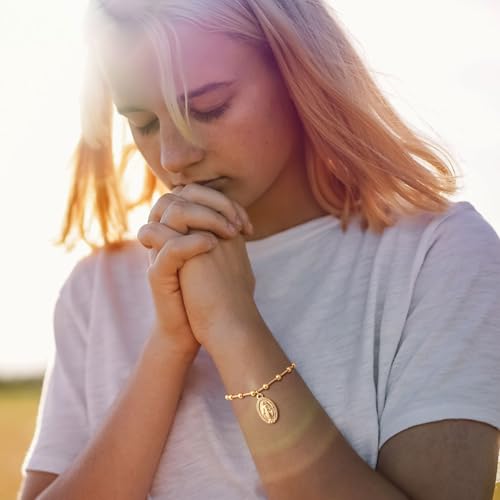 Women's Gold Virgin Mary Bracelet - 14k Gold Plated Rosary Bead Cross Bracelets,Hypoallergenic Non Tarnish Gold Religious Baptism Dainty Virgen de Guadalupe Bracelets,Catholic Jewelry Gifts for Her3