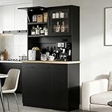 Devoko küchenschrank, Buffetschrank, Hochschrank mit Steckdosen und Led Lichtleisten 3000K,mit Arbeitsplatten 24mm,Verstellbare Einlegeböden,3 Schubladen,100x40x182cm,Tiefwald Schwarz