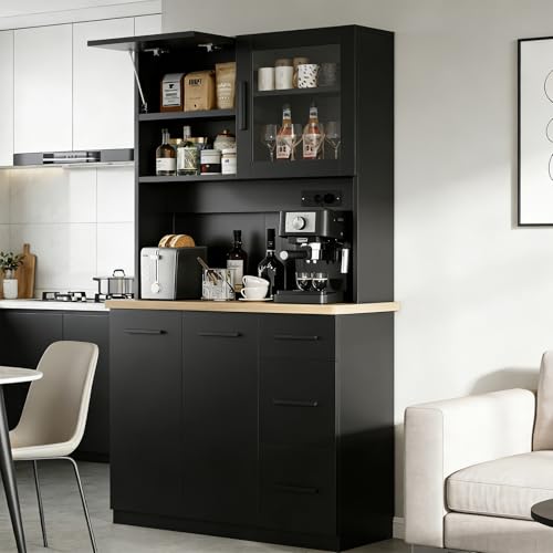 Devoko küchenschrank, Buffetschrank, Hochschrank mit Steckdosen und Led-Lichtleisten 3000K,mit Arbeitsplatten 24mm,Verstellbare Einlegeböden,3 Schubladen,100x40x182cm,Tiefwald-Schwarz