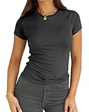 Abardsion Women Casual Raglan Sleeve Crewneck Slim T Shirts - 2026 Spring Summer Basic Activewear Going Out Tops(Dark Grey, S)
