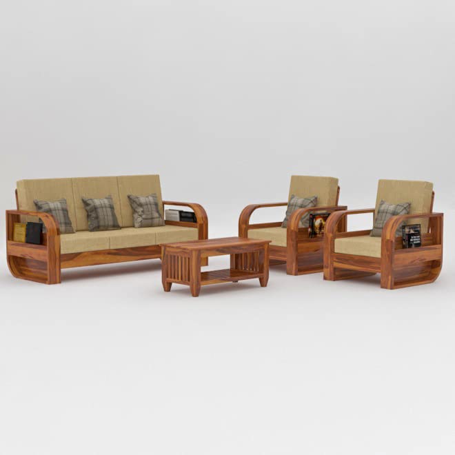 Image of Douceur Furnitures Solid Sheesham Wood 5 Seater Sofa | Five Seater Sofa Set with Coffee Table for Living Room, Cafe, Office | (Honey Teak Cushion Beige)