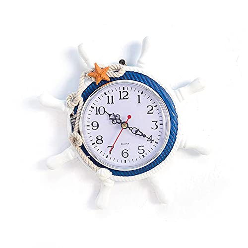 Tiaioang Horloge Murale extérieure d'intérieur, Horloge de gouvernail de Roue de Style méditerranéen en Bois Horloge de Plage de thème de mer d'extérieur Horloge de décor de Bateau Nautique Cover
