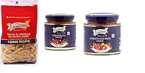 Combo Pack of Penne Pasta 500g, Arrabbiata & Tomato Basil Sauce 200g Each I Italian 100% Durum Wheat Pasta & Sauce Combo I Non-GMO I Gluten Free