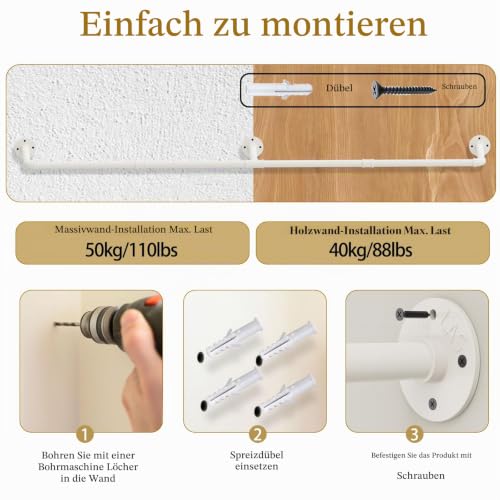 Yawinhe 178cm Kleiderstange Wandmontage,2 Pack Garderobenstange,Cremefarbe – Ansicht 8