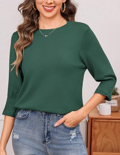 Totatuit Sweater 3/4 Sleeve Tops for Women 2026 Pullover Jumper Dressy Fit Crew Neck Pleated Sweater Forest Green XX-Large — view 2