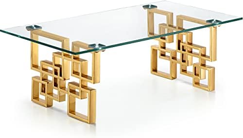 Meridian Furniture Pierre Collection Modern | Contemporary Square Glass Coffee Table with Stainless Steel Base and Rich Gold Finish, 48" W x 24" D x 16" H
