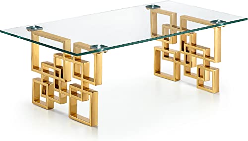 Meridian Furniture Pierre Collection Modern | Contemporary Square Glass Coffee Table with Stainless Steel Base and Rich Gold Finish, 48