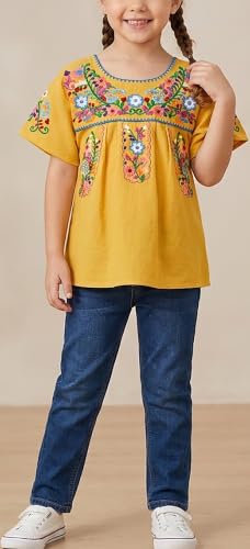 Image of YZXDORWJ Mexican Blouse for Girls Traditional Embroidered Summer Short Sleeve Peasant Blouse for Kids
