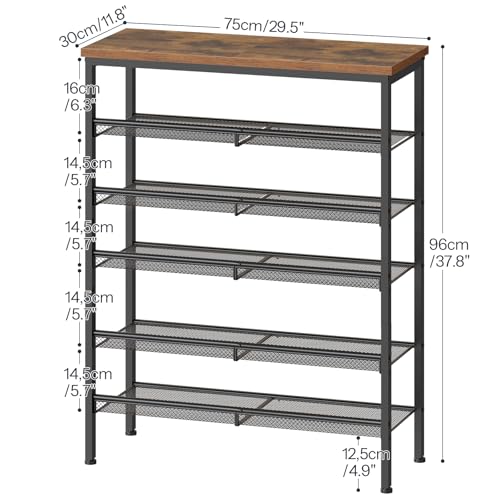Image of HOOBRO Shoe Rack for Entryway, 6-Tier Shoe Organizer with Adjustable Mesh Shelves, 18-24 Pairs of Shoes, Spacious Floor Mount, Metal, Industrial, Shoe Shelf for Closet, Rustic Brown BF60XJ01