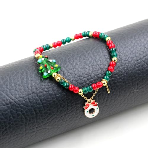 Image of Girls Green Christmas Tree Charm and Christmas Bell Pendant /3 Layers Wrapped Chain Santa Claus Pendant Bracelet for Daughter Sister Girlfriend Female Christmas Boutique Jewelry