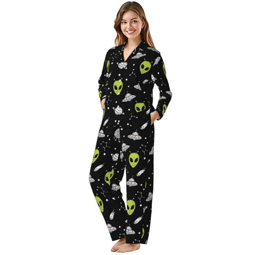 Image of Women'S Long Sleeve Pajama Set Soft Loungewear Button-Down Top & Elastic Waist Pants S- 2XL