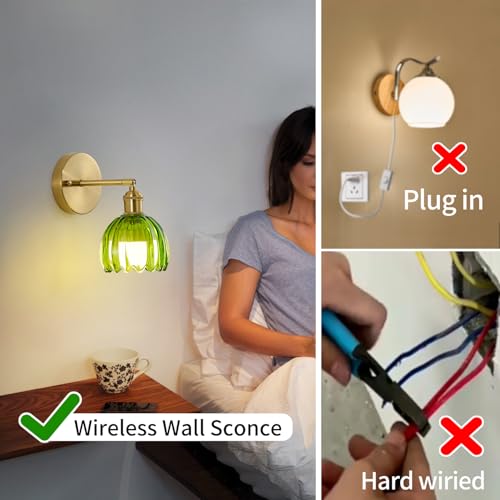 Image of Vintage Battery Operated Wall Sconces with Remote, 180 Degree Adjustable, Modern Battery Powered Wall Lighting Fixture with Green Tulip Glass Lampshade for Bedroom Bedside Bathroom