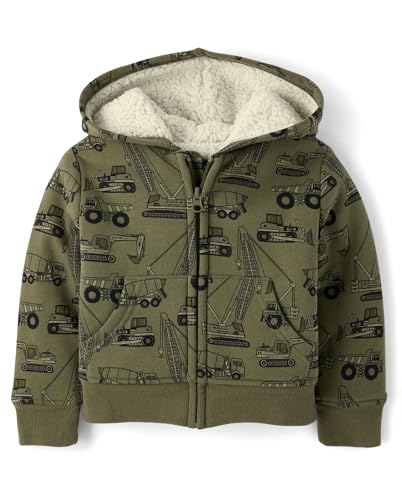 The Children's Place - The Children's Place Baby Boys & Toddler Olive Construction Trucks Sherpa Lined Zip-Front Hoodie - Best Deal on Amazon