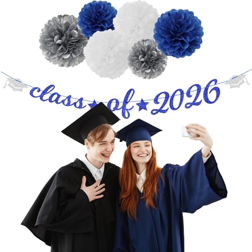 Image of Navy-Blue White-Silver Party-Decoration Graduation Banner - 14pcs Kits Cap Garland Streamers, Royal Paper Tissue Pom Poms Flowers Fans Honeycomb,Class Of 2026 College High School Grad Decor Hugfond
