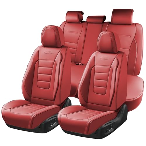 Image of Coverado Car Seat Covers Full Set, Nappa Leather Seat Covers for Cars, Car Seat Protector Car Seat Cushion, Front and Back Seat Protectors Cushions Universal Fit for Most Cars Vehicles(Red)