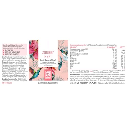 Haar Vitamine - 451mg Silizium hochdosiert & Biotin Zink Selen für Haare - Kieselsäure aus Bambus, Kupfer, Iod, Brennnessel und B-Vitamine - 120 Kapseln - Vegan aus Deutschland