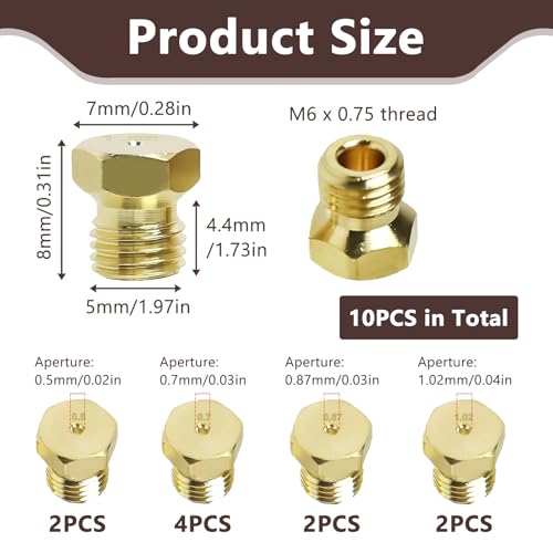 10 Stück LPG Propangasbrenner für Gasstrahl, Gasdüsen Einspritzdüsen, Umrüstkit für Gasherde und Backöfen, Verschiedene Größen (0,50/0,7/0,87/1,02 mm), M6 x 0,75 Gewinde, Langlebig Korrosionsbeständig