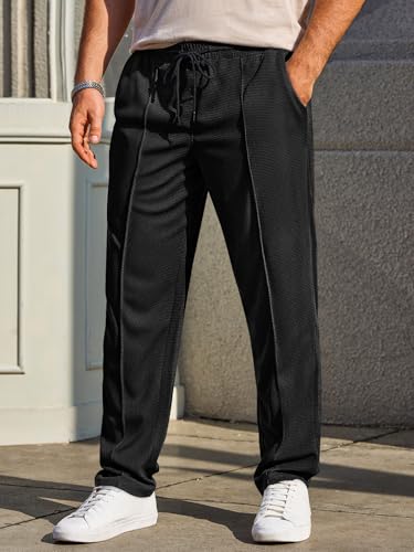 Runcati Mens Casual Sweat Pants Pleated Drawstring Elastic Waist Waffle Straight Leg Joggers Sweatpants with Pockets3