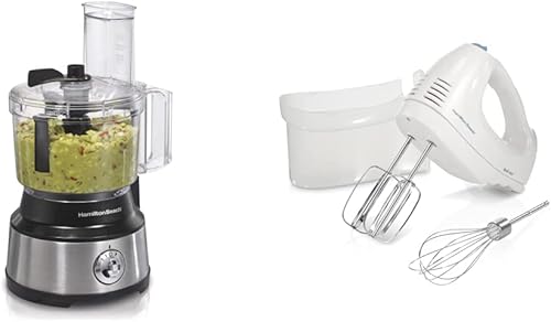 Hamilton Beach Procesador de alimentos y picador de verduras y batidora de mano eléctrica de 6 velocidades, batidores y batidores, con estuche de