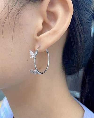 Dainty Butterfly Large Huggie Hoop Earrings For Women Girls Crystal Cubic Zirconia Endless Round Hoops Statement Earring Boho Jewelry Gifts Birthday (Silver) #TOP2