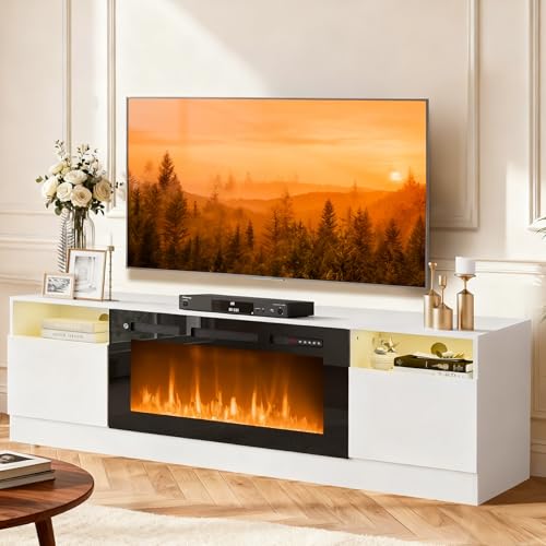 Image of MXV 70 inch Fireplace TV Stand for TVs Up to 80 inch, LED Light Entertainment Center with 36 inch Electric Fireplace, Modern Wood Texture TV Media Console with Highlight Storage Cabinet, White+Black