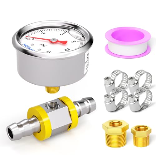 Image of MEANLIN MEASURE 0-15Psi Stainless Steel Glycerin Filled Pressure Gauge 1 /8 inch NPT 1.5 inch Face Dial, with 3 /8 inch Barb Pressure Adapter, 9-Piece Kit, Back Mount