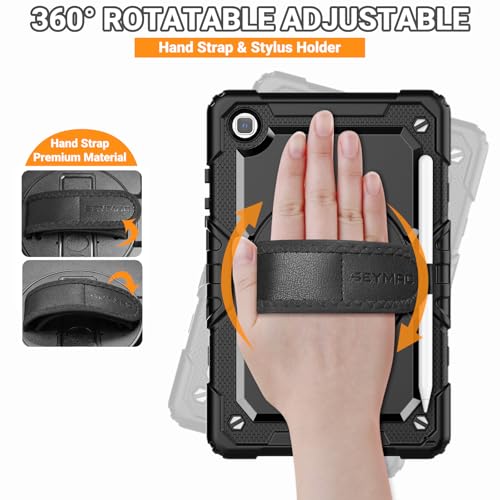 SEYMAC Case for Samsung Galaxy Tab A7 Lite 8.7" (SM-T220/ T225/ T227), Heavy Duty Full-Body Shockproof Protective Case with Screen Protector, Rotating Stand, Hand/Shoulder Strap, Black