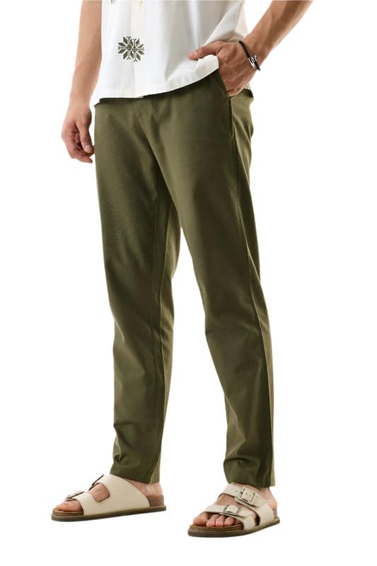 Image of SNITCH Men Casual Trousers | Slim Fit Mid Rise Textured Design | Cotton Linen Blend & Breathable Fabric for Summer & Street Wear