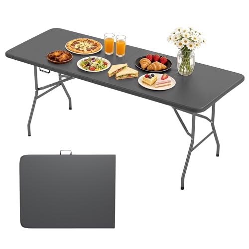 Image of BestOffice 6 FT Picnic Table, Portable Plastic Folding Table with Carrying Handle Perfect for Picnics, Parties, Party and Camping, Grey