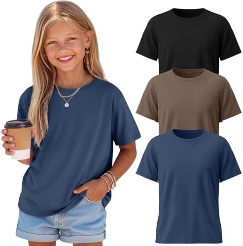 LessonZoo 3 Pack Girls' Shirts Plain Summer Short Sleeve Shirts Crew Neck Tees S