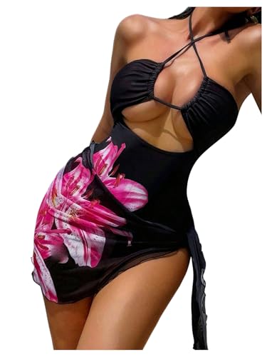 WDIRARA Women's One Piece Swimsuit Tummy Control Bathing Suit Sexy Floral High Cut Out Ladies Swimwear with Skirt Coverup