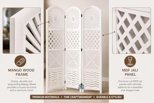Image of Wooden Room Divider Partition for Living Room | Foldable 4 Panel Decorative Privacy Screen Separator for Home, Office & Bedroom | Modern (Snow White)