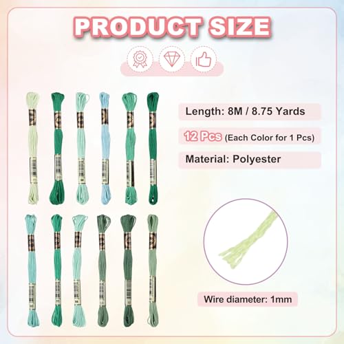 Image of PATIKIL 12 Skeins Embroidery Floss Polyester Embroidery Threads Bracelets String for Cross-Stitch Hand Embroidery, Green