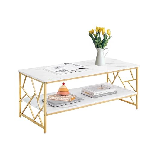 Xisilla Goldener Metallrahmen Couchtisch Rechteckig, Couchtisch Marmor Optik mit Doppelgeschoss, Einfacher und stilvoller Wohnzimmertisch Weiß