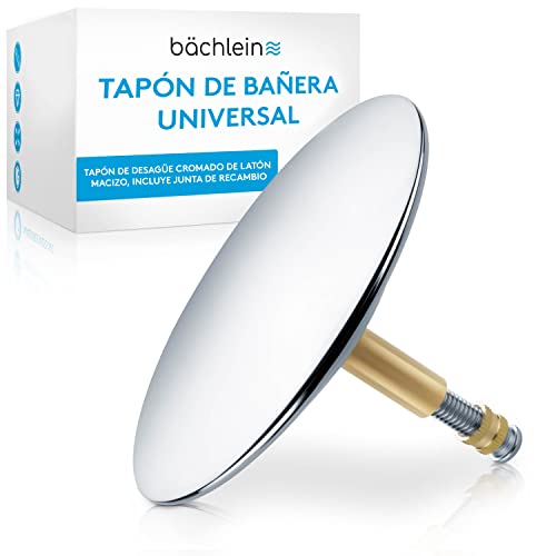 Tapón de Bañera Universal Bächlein, Tapón de Desagüe Cromado de Latón Macizo, Incluye Junta de Recambio, Juego de Desagüe para Cualquier Bañera Estándar, Ajuste Preciso