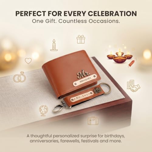 Image of Personalized Name & Charm Leather Wallet & Keychain (Dark Brown) Giftset for Men|Customized Birthday Anniversary Corporate Gift for Man|Gifts for Men|Secret Santa Gifts for Office Staff Tan Brown