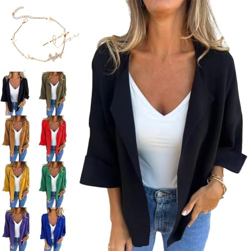 Casual Faux Suede Cardigan,Women's Casual Lapel Faux Suede Cropped Jacket,Lapel Cropped Jacket 3/4 Sleeve Open Front Coats