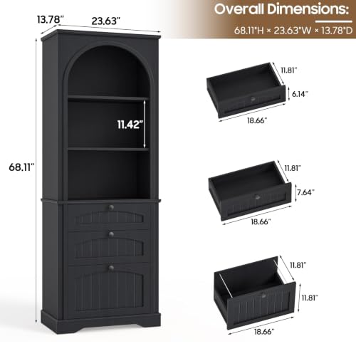 Image of Vabches Farmhouse Bookshelf with File Drawers, Rustic Black