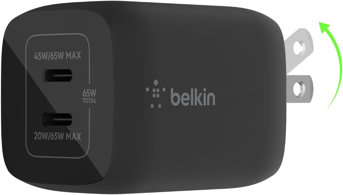 Dual USB C Charger Block 65W, Super Fast Charging PD 3.0 w/GaN - Samsung Galaxy S25, Apple iPhone 17, Air, Pro, Pro Max, iPad, MacBook, AirPods, Apple Watch, & More - Black