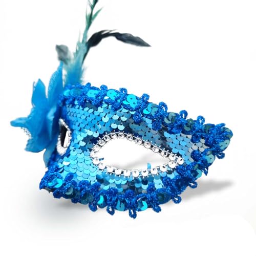 Image of Wanna Party Women's Blue Sequin Eye Mask with Flower for Masquerade Party,Fancy Dress Costume, New Year Party