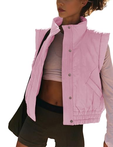 Athlisan Womens Cropped Puffer Vest Stand Collar Sleeveless Padded Gilet Vest with Pockets(Pink-M)