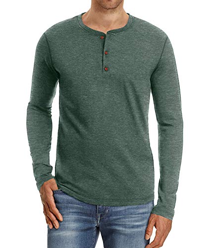 NITAGUT Herren T-Shirt Baumwolle Langarm Alltags-Henley-Hemd,Grün,M EU