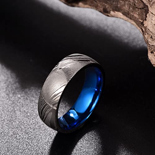 Vakki Damascus Mens Wedding Bands 8mm Gunmetal Damascus Steel Rings Blue Innerface Comfort Fit Size 7-123